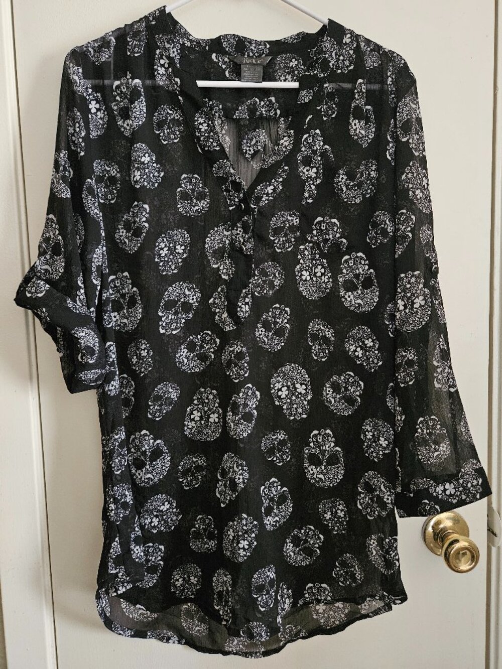Rock 47 XL Sugar Skull Dia De Los Muertos Halloween Long Sleeve Blouse Tunic